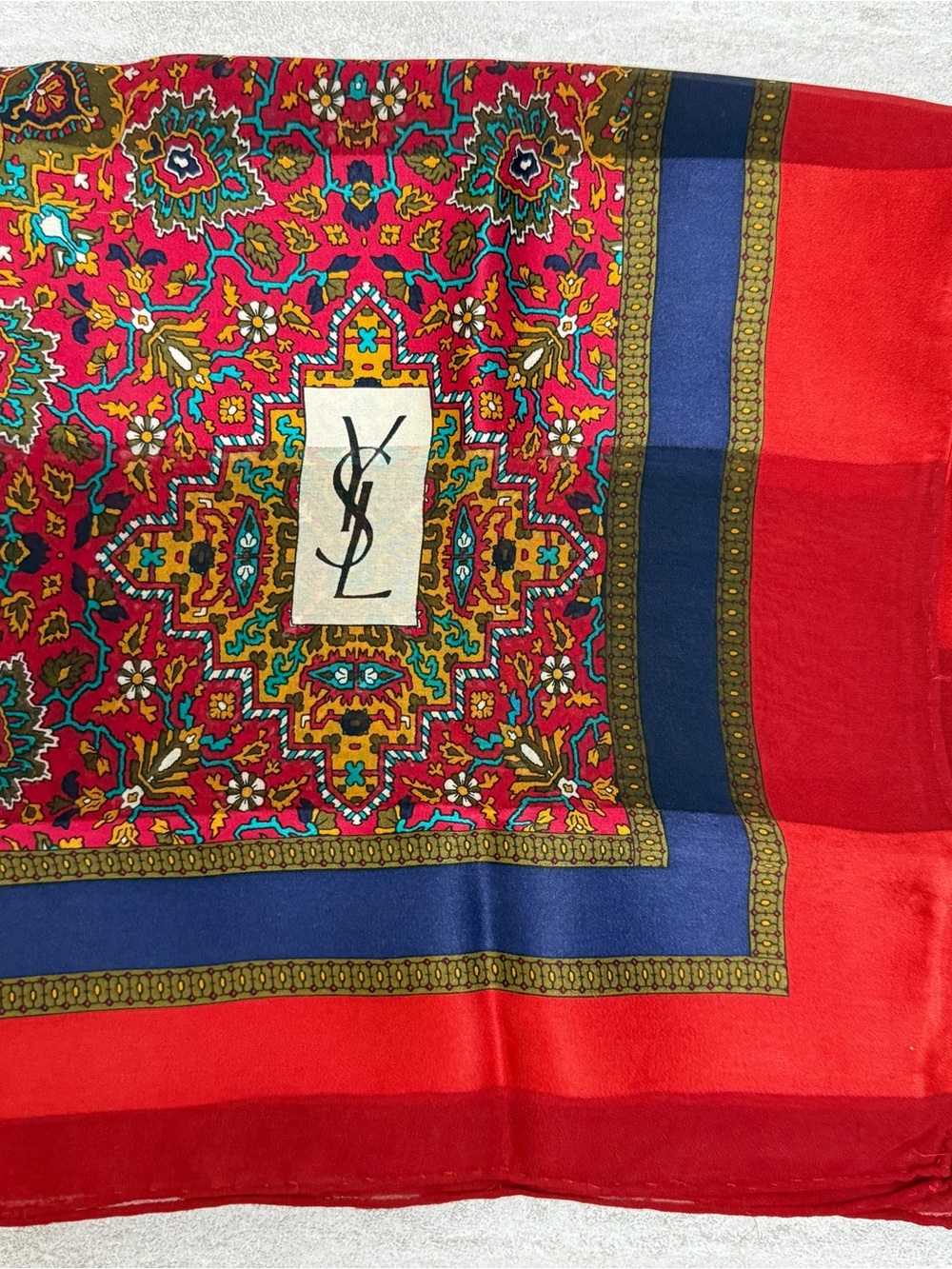 Yves Saint Laurent vintage Red, Navy & Gold Medallion Silk Scarf